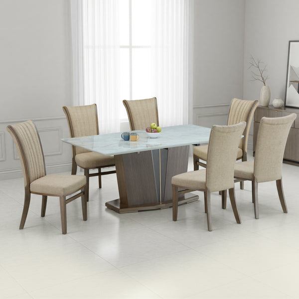 AMADOR 6 SEATER MARBLE DINING TABLE 6x3.5 + MELVOR BEIGE CHAIR IN WALNUT FINISH