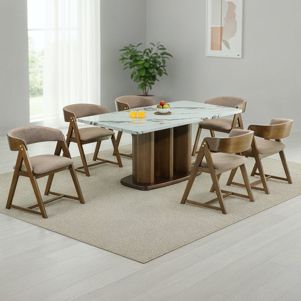 CALTON 6 SEATER MARBLE DINING TABLE 180X100 + MADDIE BROWN BEIGE CHAIR IN WALNUT FINISH
