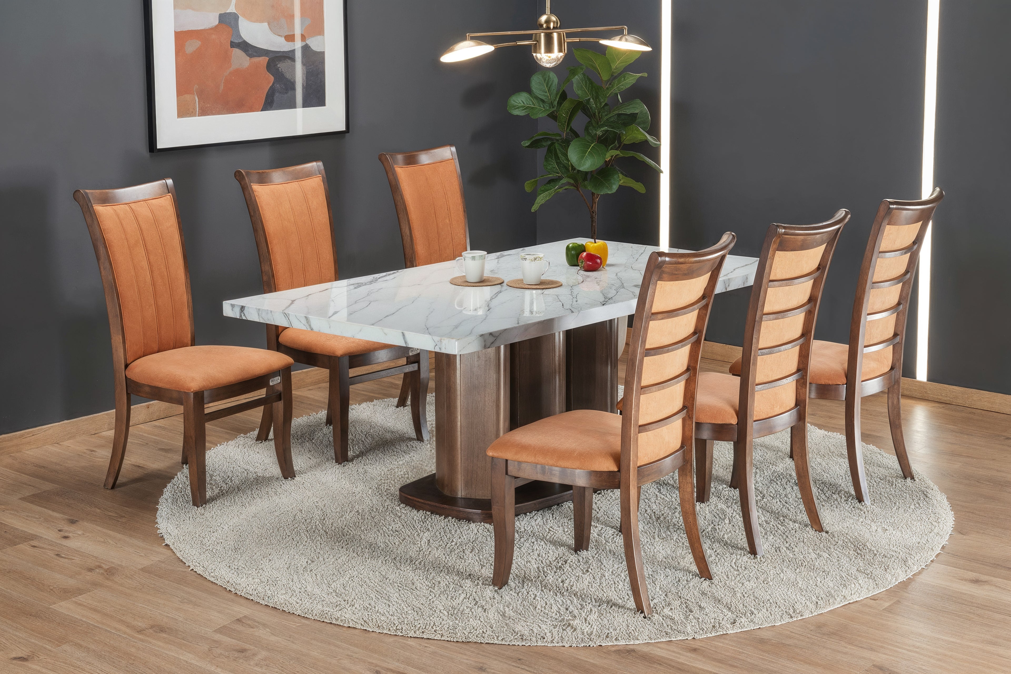 CALTON 6 SEATER MARBLE DINING TABLE 200x106 + ROSARIO BRONZE CHAIR IN WALNUT FINISH