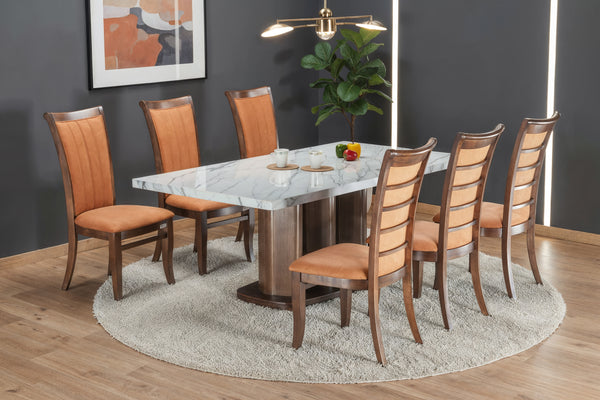 CALTON 6 SEATER MARBLE DINING TABLE 200x106 + ROSARIO BRONZE CHAIR IN WALNUT FINISH