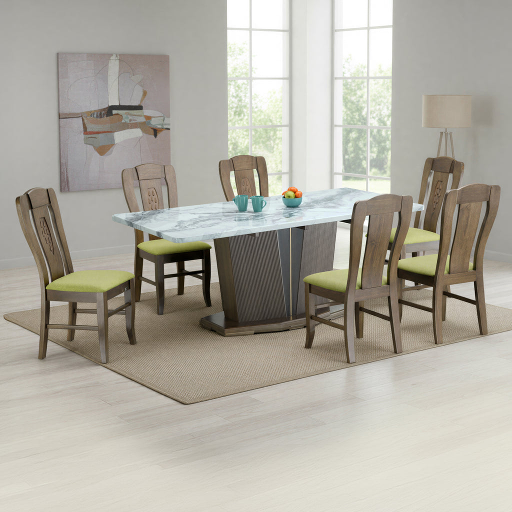 AMADOR 6 SEATER MARBLE DINING TABLE  200x100 + RAYMA CHAIR IN WALNUT FINISH