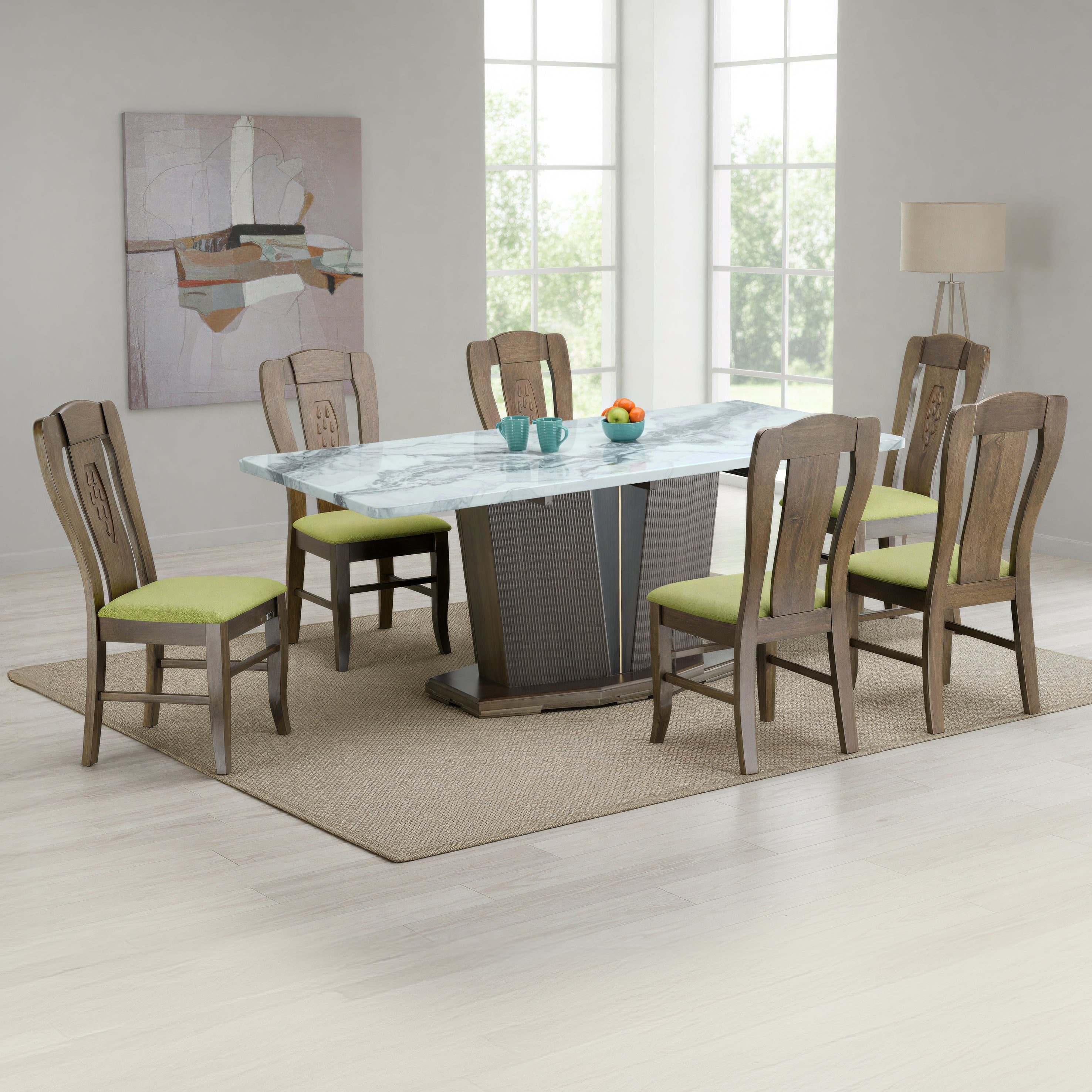 AMADOR 6 SEATER MARBLE DINING TABLE  200x100 + RAYMA CHAIR IN WALNUT FINISH