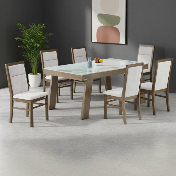 BENSON 6 SEATER MARBLE DINING TABLE 6x3.5 + ASPEN SANDY BEACH CHAIR IN WALNUT FINISH
