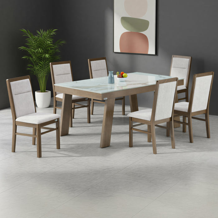 BENSON 6 SEATER MARBLE DINING TABLE 6x3.5 + ASPEN SANDY BEACH CHAIR IN WALNUT FINISH