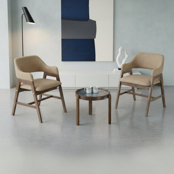 MINDY COFFEE TABLE + SKYDEN BEIGE CHAIR IN WALNUT FINISH