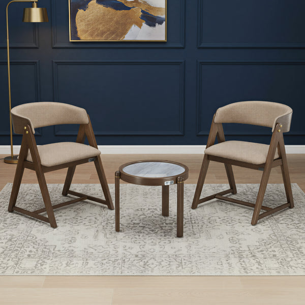 MINDY COFFEE TABLE + MADDIE TAN IVORY CHAIR IN WALNUT FINISH