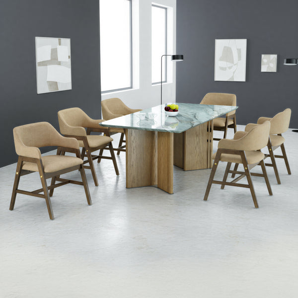 RAYNO 6 SEATER MARBLE DINING TABLE 200x100 + SKYDEN BEIGE CHAIR IN WALNUT FINISH