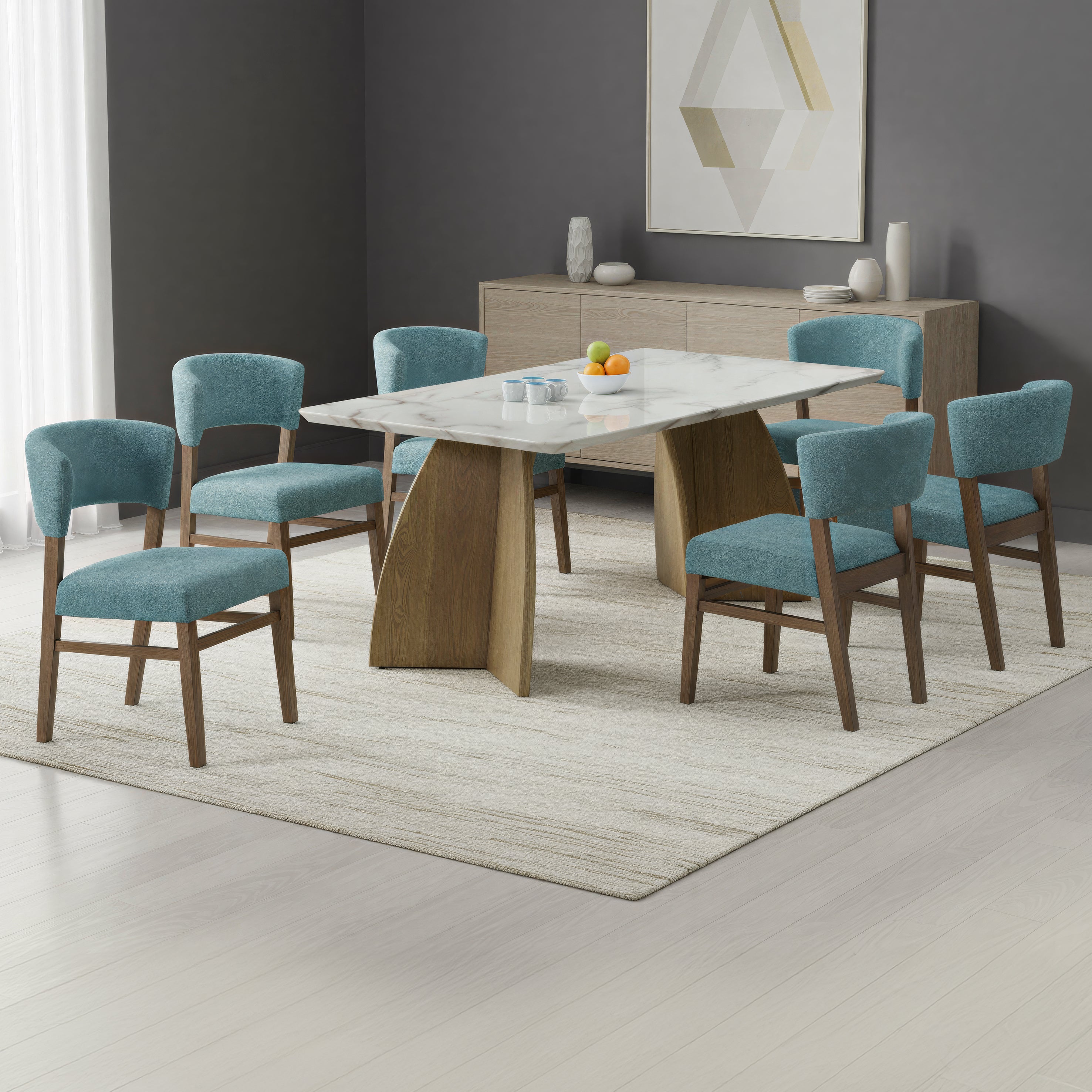 VANBECK 6 SEATER MARBLE DINING TABLE 180x100 + SAVIO MEX GREEN CHAIR IN WALNUT FINISH