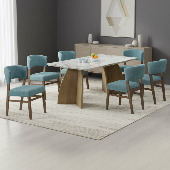 VANBECK 6 SEATER MARBLE DINING TABLE 180x100 + SAVIO MEX GREEN CHAIR IN WALNUT FINISH
