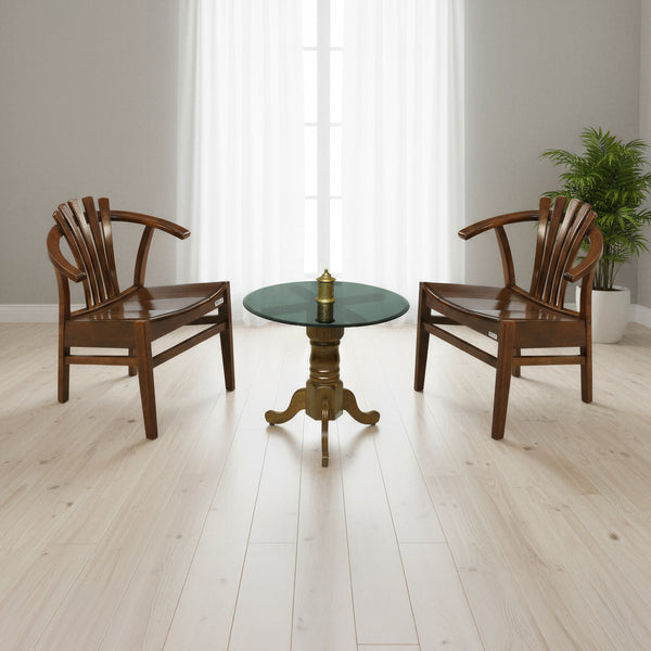 ACE GLASS ROUND COFFEE TABLE + DAFFODIL CHAIR IN WALNUT FINISH