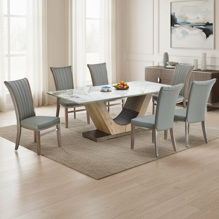 VENTUS 6 SEATER MARBLE DINING TABLE 7x3.5 + MELVOR OLIVE IN WALNUT FINISH