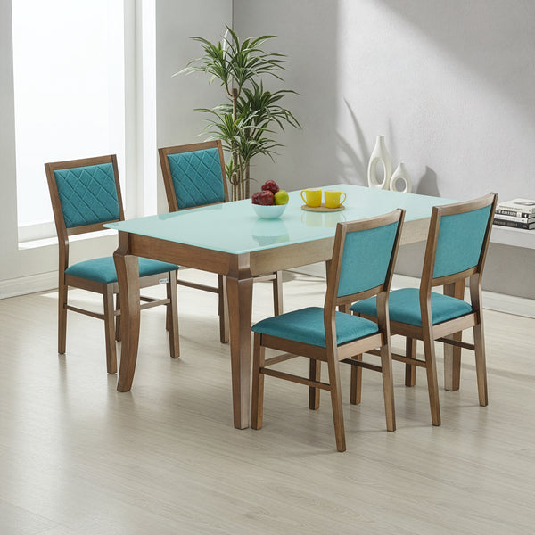 MONZA 4 SEATER MW GLASS DINING TABLE 5x3 + BYTON GREEN CHAIR IN WALNUT FINISH