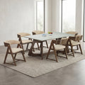 STEADMAN 6 SEATER MARBLE DINING TABLE 6x3.5 + MADDIE TAN IVORY CHAIR IN WALNUT FINISH