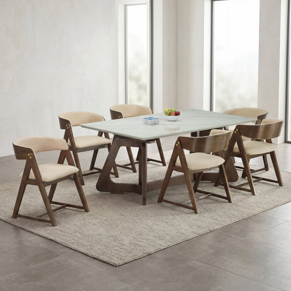 STEADMAN 6 SEATER MARBLE DINING TABLE 6x3.5 + MADDIE TAN IVORY CHAIR IN WALNUT FINISH