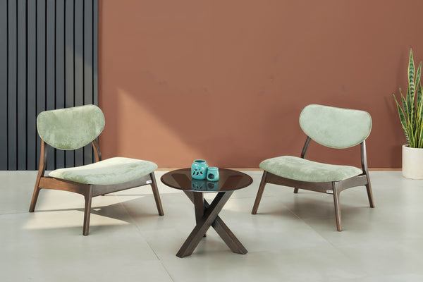 CROSS COFFEE TABLE + PELICAN SAGE GREEN CHAIR IN WALNUT FINISH