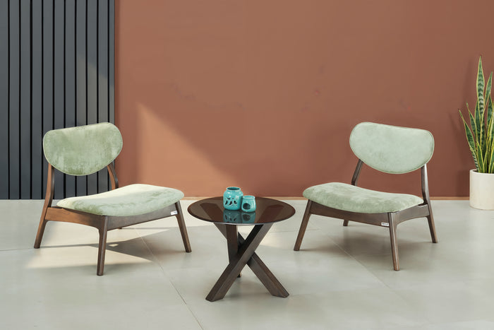 CROSS COFFEE TABLE + PELICAN SAGE GREEN CHAIR IN WALNUT FINISH