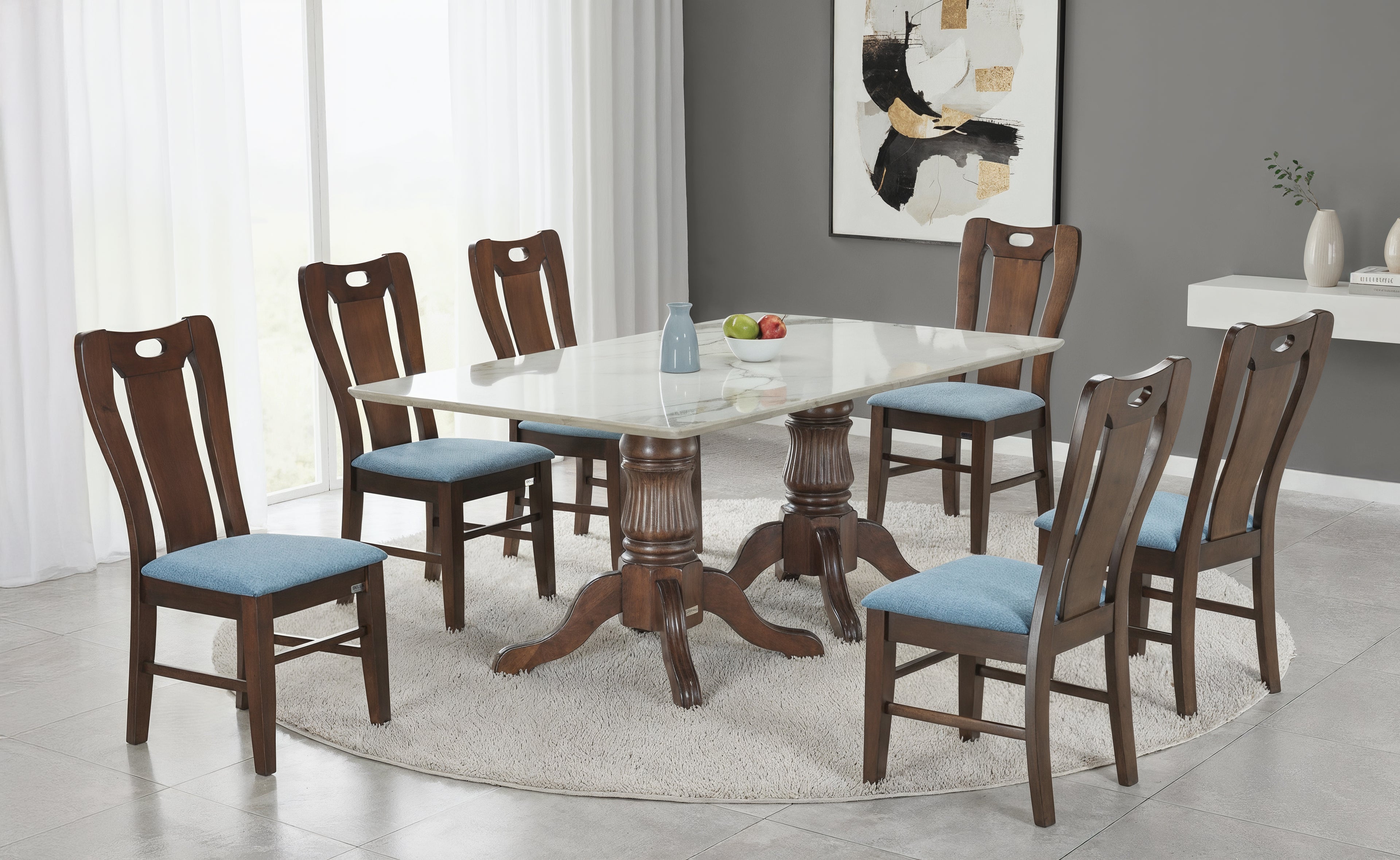 SHELDON 6 SEATER MARBLE DINING TABLE 6x3.5 + ALBION CHAIR IN WALNUT FINISH