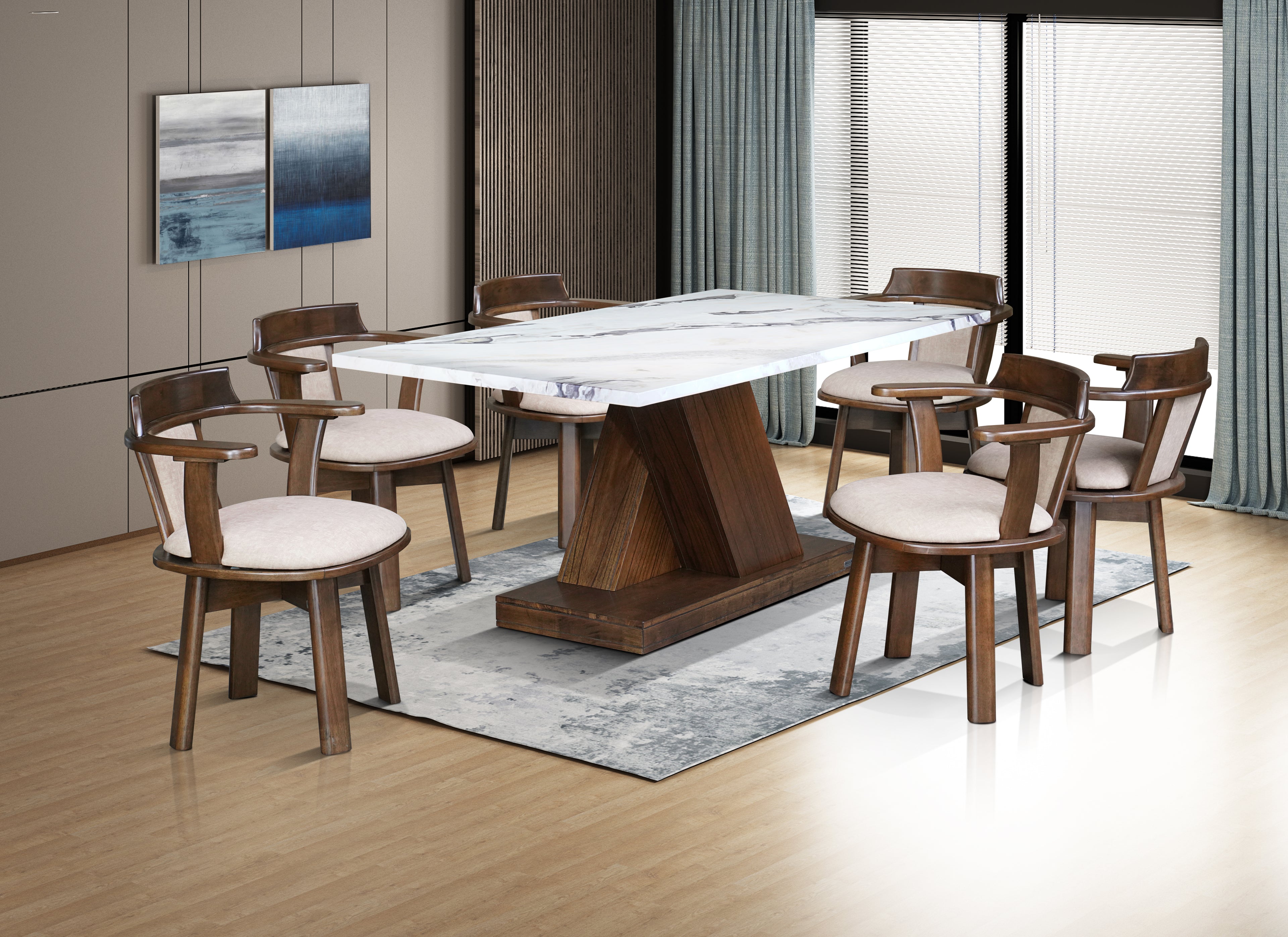 VIKIANA ZEBRA 6 SEATER MARBLE DINING TABLE 180x100 + MANOR BEIGE CHAIR IN WALNUT FINISH