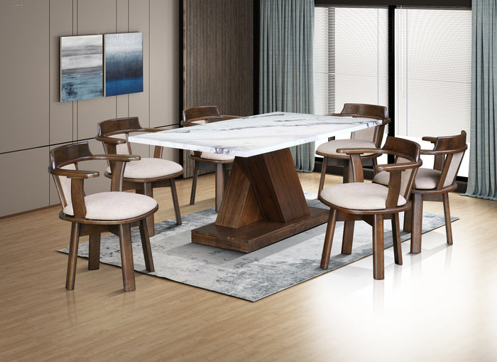 VIKIANA ZEBRA 6 SEATER MARBLE DINING TABLE 180x100 + MANOR BEIGE CHAIR IN WALNUT FINISH