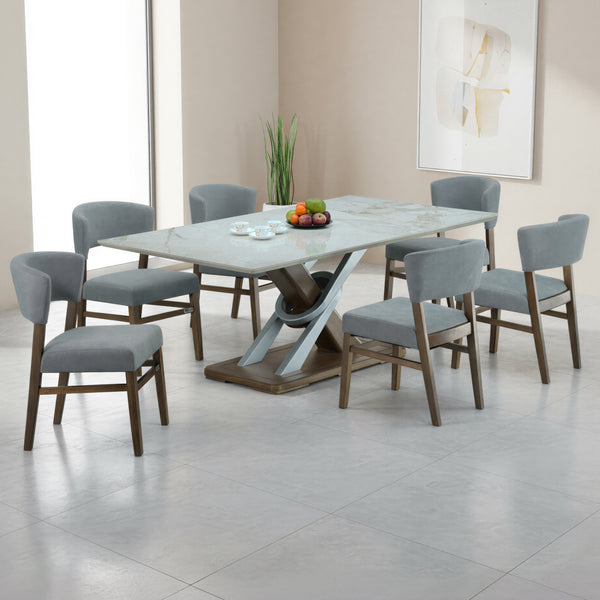 DYCUS 6 SEATER MARBLE DINING TABLE 200x106 + SAVIO STONE GREY CHAIR IN WALNUT FINISH