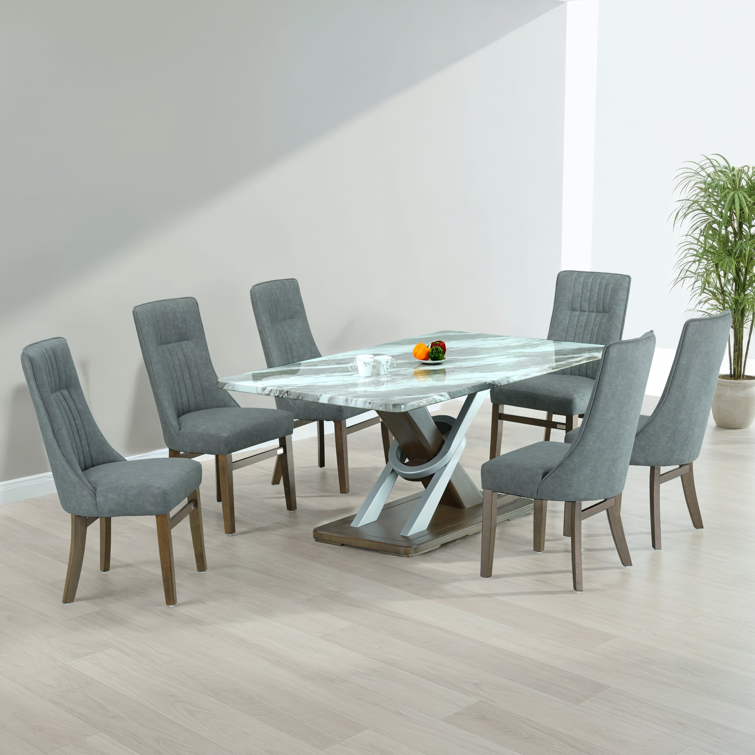 DYCUS 6 SEATER SOLID WOOD MARBLE DINING TABLE 180x100 + WINDSOR SPANISH GREY CHAIR IN WALNUT FINISH