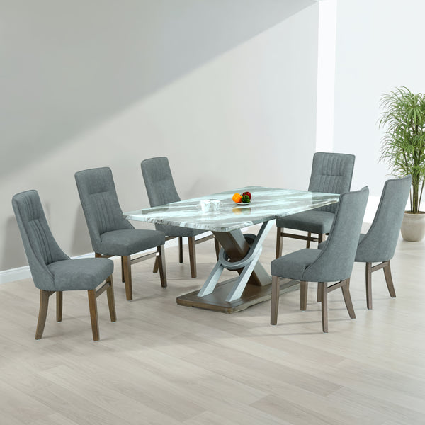 DYCUS 6 SEATER SOLID WOOD MARBLE DINING TABLE 180x100 + WINDSOR SPANISH GREY CHAIR IN WALNUT FINISH