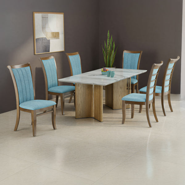 RAYNO 6 SEATER MARBLE DINING TABLE 200x100 + ROSARIO FRENCH BLUE CHAIR IN WALNUT FINISH