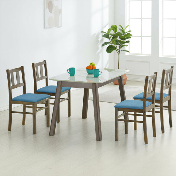 RUGBY 4 SEATER MARBLE DINING TABLE 4x2.5 + ZETA BLUE CHAIR IN WALNUT FINISH