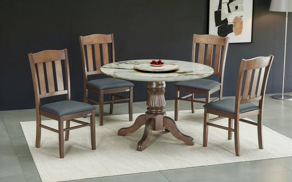 SHELDON 4 SEATER MARBLE ROUND DINING TABLE 4x4 + CAMDIA CHAIR IN WALNUT FINISH