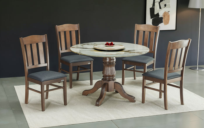 SHELDON 4 SEATER MARBLE ROUND DINING TABLE 4x4 + CAMDIA CHAIR IN WALNUT FINISH