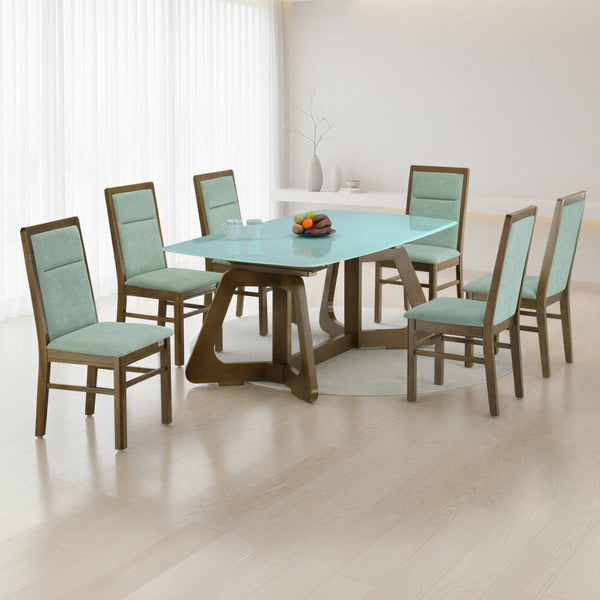 STEADMAN 6 SEATER MW GLASS DINING TABLE 6x3.5 + ASPEN SAGE GREEN CHAIR IN WALNUT FINISH