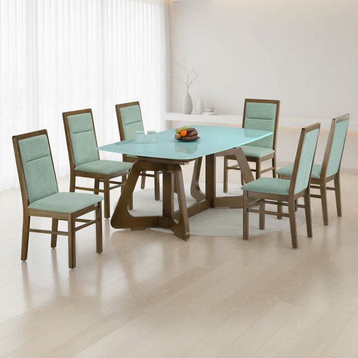 STEADMAN 6 SEATER MW GLASS DINING TABLE 6x3.5 + ASPEN SAGE GREEN CHAIR IN WALNUT FINISH