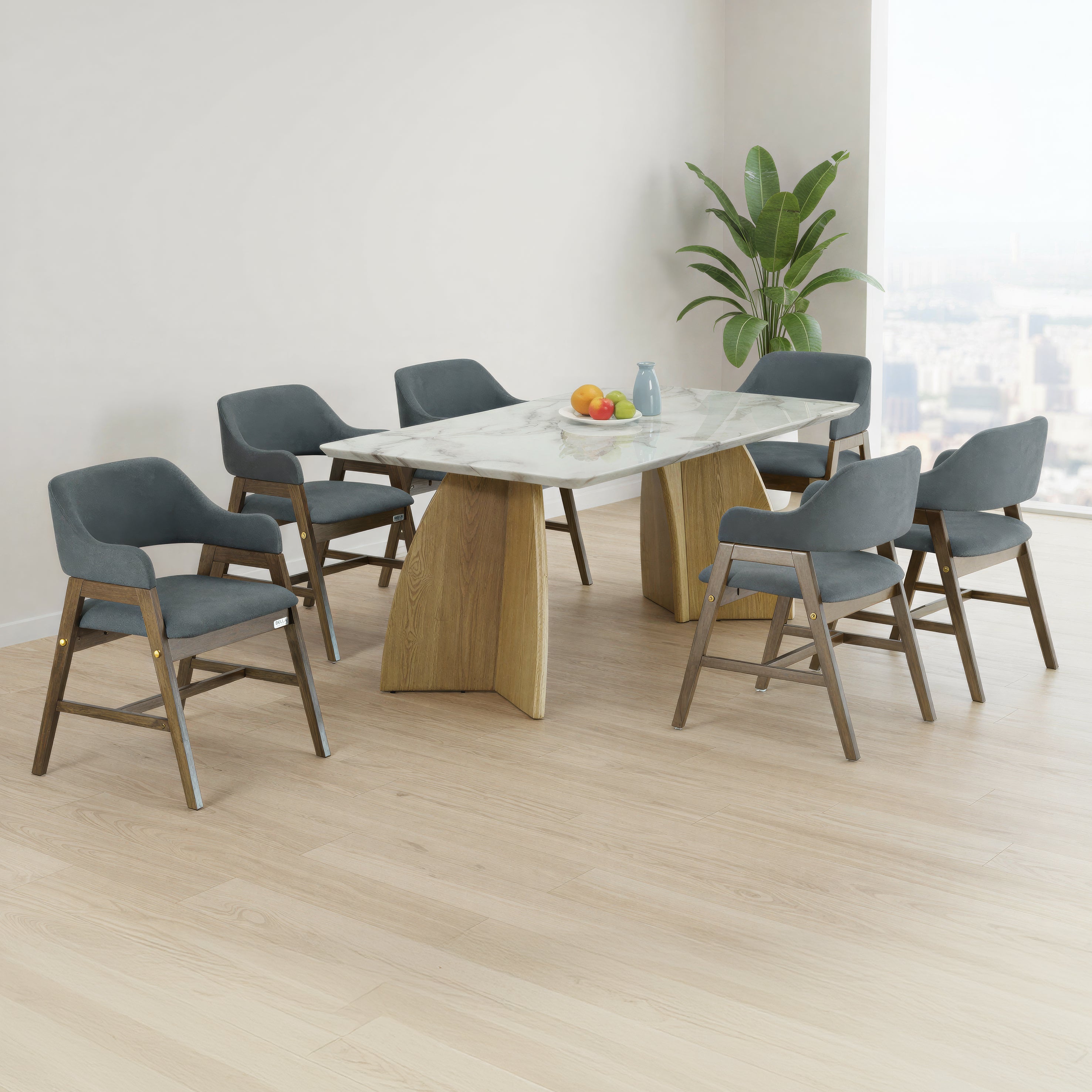 VANBECK 6 SEATER MARBLE DINING TABLE 180x100 + SKYDEN DARK GREY CHAIR IN WALNUT FINISH