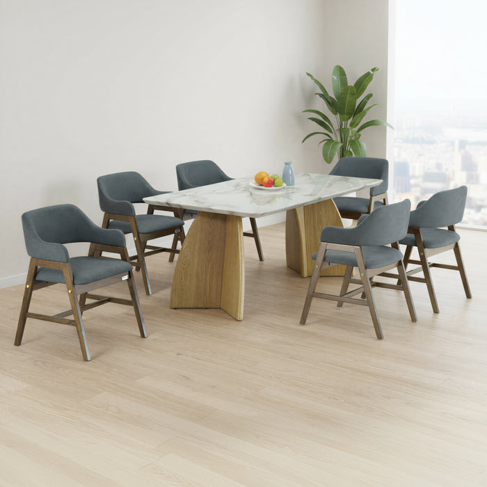 VANBECK 6 SEATER MARBLE DINING TABLE 180x100 + SKYDEN DARK GREY CHAIR IN WALNUT FINISH