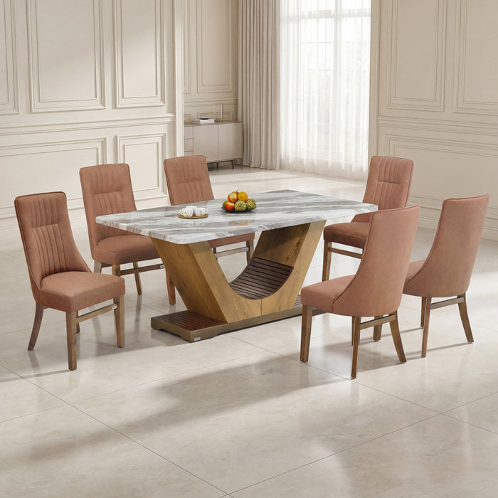 VENTUS 6 SEATER MARBLE DINING TABLE 180x100 + WINDSOR COCO BROWN CHAIR IN WALNUT FINISH